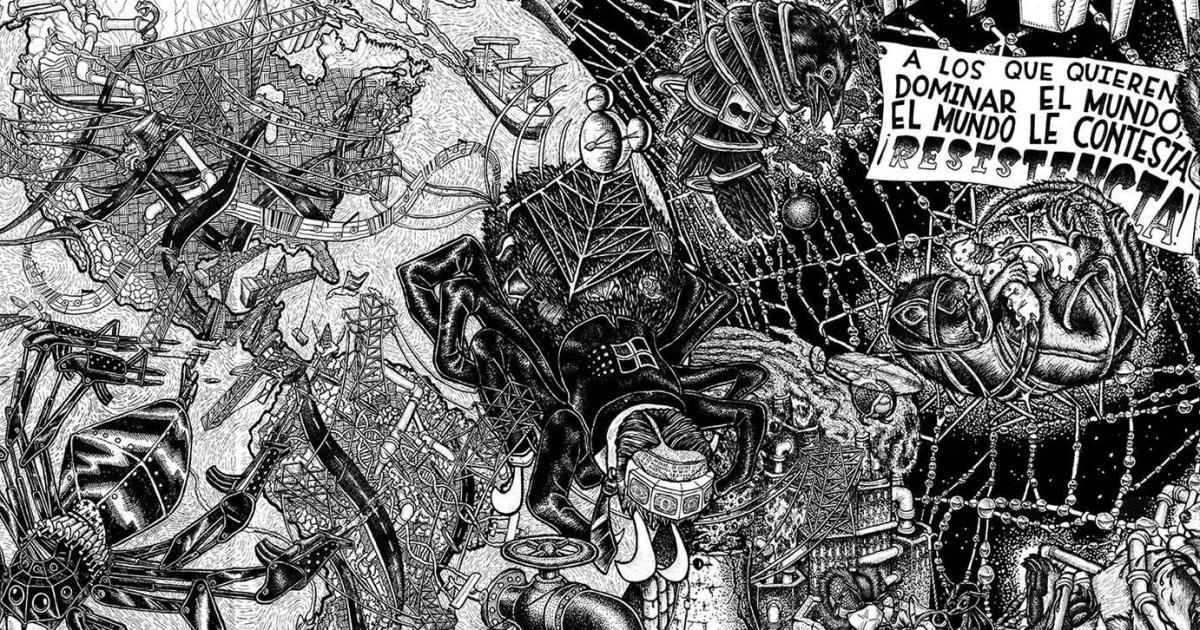 Black and White illustration of steampunk spiders and other creatures