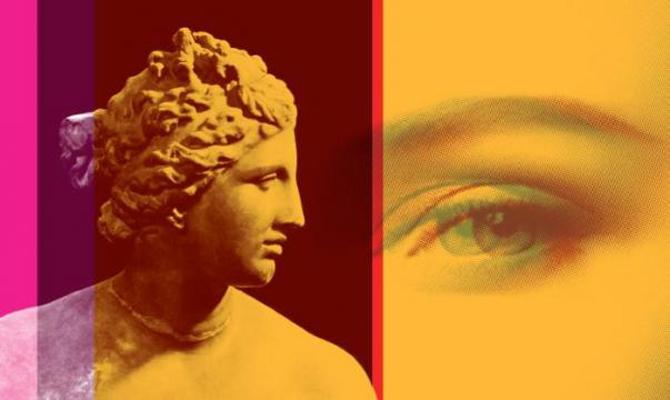 Yellow, pink, and red photos of Roman bust and an eye with chromatic aberration