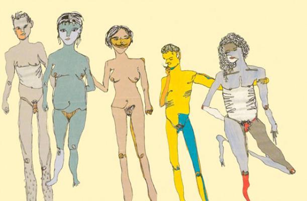 A drawing of five naked people using various colors.