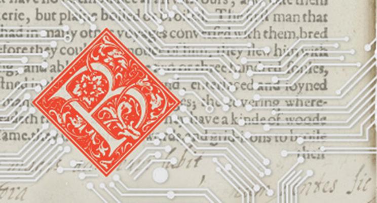 Close-up of the page of a book with a circuit board pattern overlaid on top of it