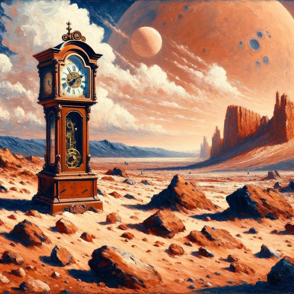 Grandfather clock on rocky surface of alien planet