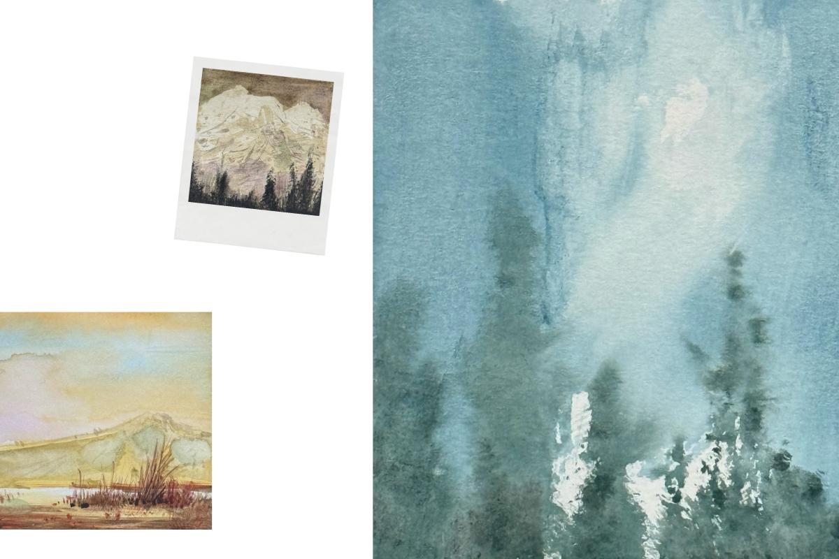 Tree and mountain watercolor