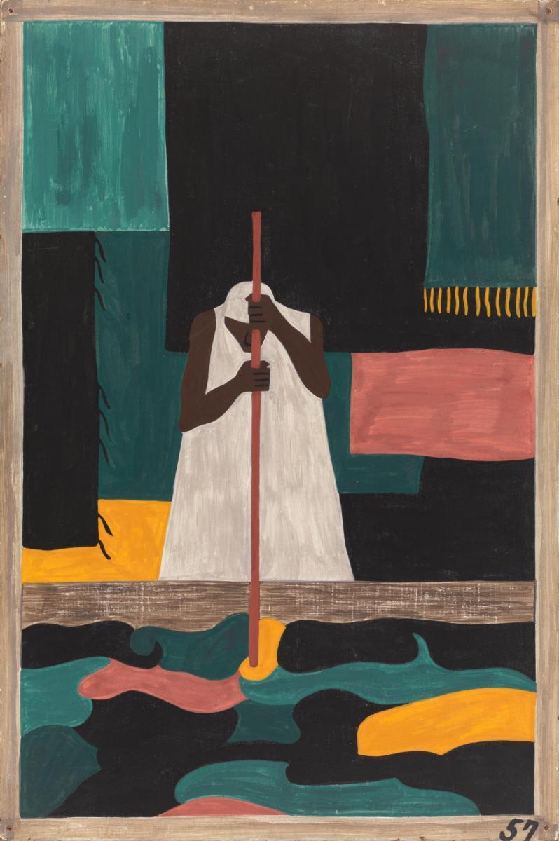 Painting of a Black woman wearing white and stirring a large vat of clothing.
