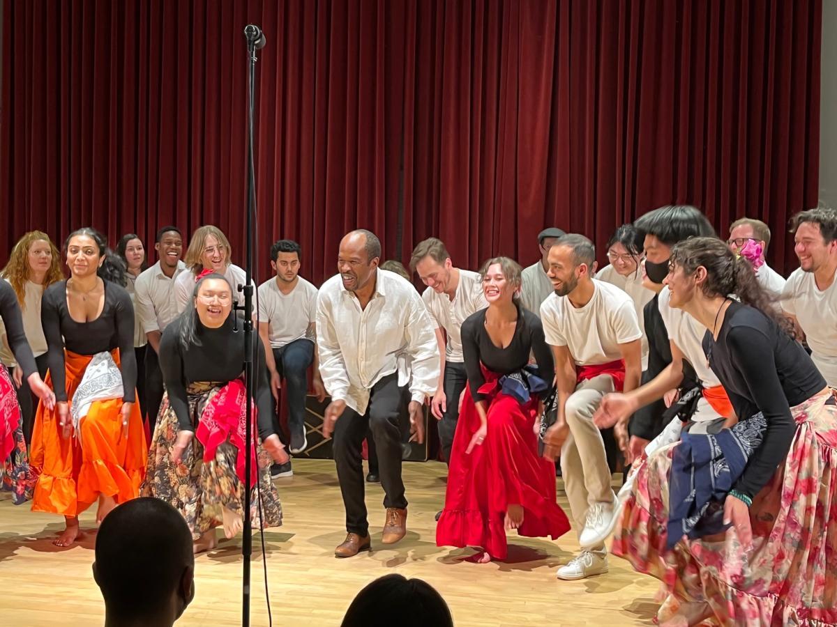 Miguel Ballumbrosio performing Afro-Peruvian zapateo with UW students, December 7, 2022 