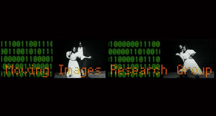 Binary code and still frames of two people dancing, overlaid with the text "Moving Image Research Group"