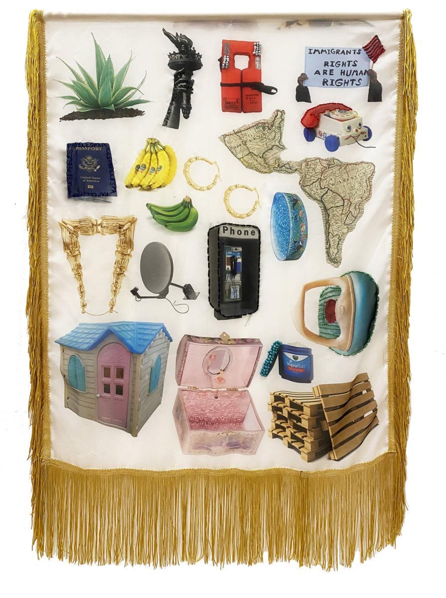 Image of silken banner/flag with golden fringe with assorted images relating to experiences of immigration from Colombia to US and diasporic Colombian life.