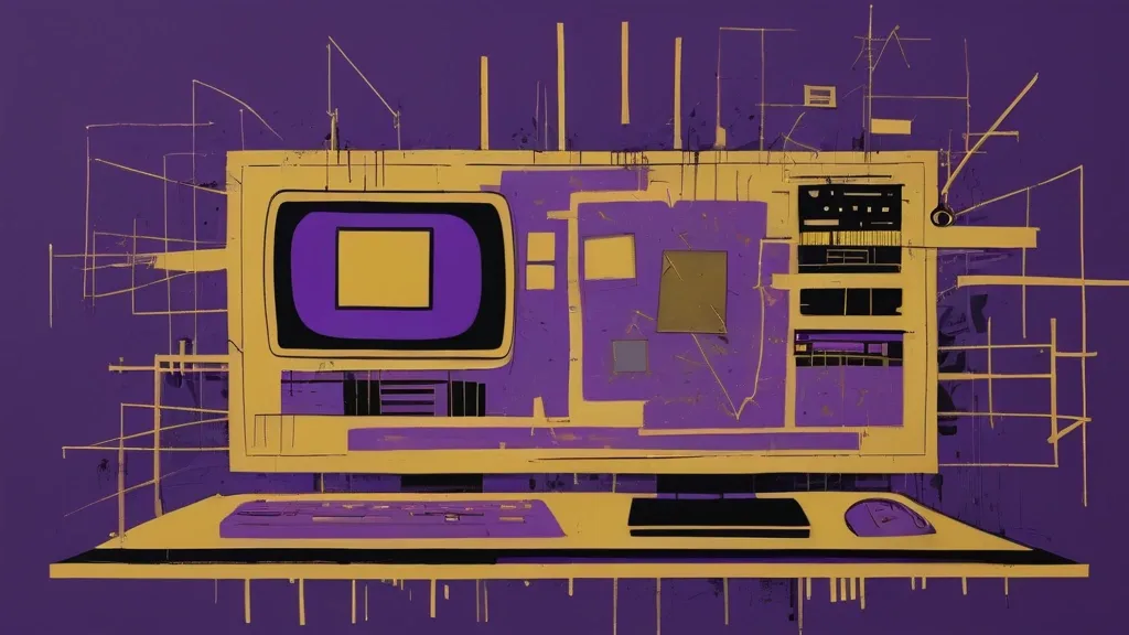 ArtBot image generated from the prompt "an abstract representation, in the style of Jean Michel Basquiat, representing computers and writing, with use of purple and gold colors, which depicts a screen containing an AI"