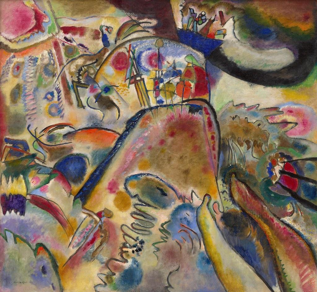 Photo of the 1913 painting by Wassily Kandinsky named Small Pleasures, with abstract use of color and lines.