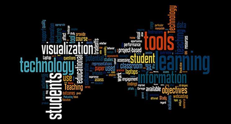 A screenshot of a word cloud on a black background with words like tools, visualization, technology, and learning in color.