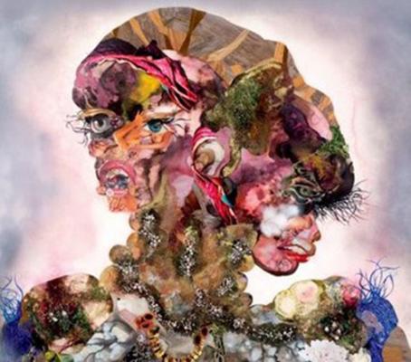Multimedia artwork representing a distorted face titled "Madam Repeateat," by Wangechi Mutu