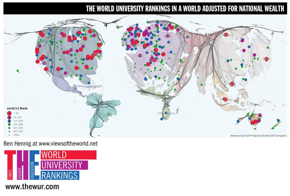 The Times Higher Education World University Rankings in a world adjusted for national wealth.