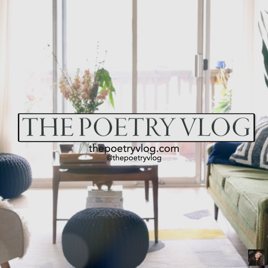 A blurred, backlist living room with the words The Poetry Vlog written across the middle of the photo and thepoetryvlog.com and @thepoetryvlog in smaller type beneath it