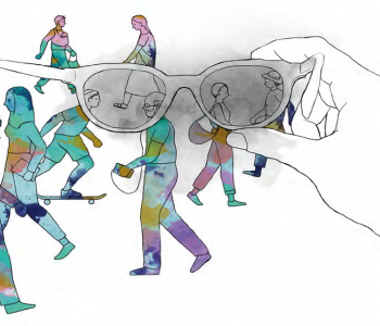 Illustration of a hand holding up glasses in front of rainbow-colored people