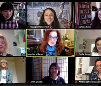 Screenshot of Zoom room with nine screens, each with a participant of the online workshop.