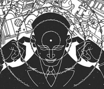 Black and white illustration of a person plugging their ears to block out city noise