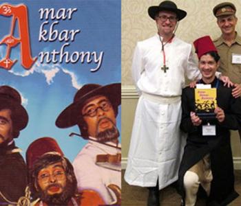 Christian and his co-authors dress in the same disguises the film characters wear at the end of the film for a book celebration at the Annual Conference on South Asia at the University of Wisconsin, Madison, in 2015.