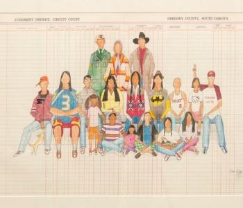 Ledger art by Dwayne Wilcon named Here We Are by Dwayne Wilcox consisting of a blank judicial docket being used as a canvas for intricate drawings of eighteen people assembled as if to be in a family portrait.