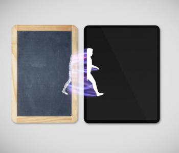The silhouette of a person walks from a chalkboard onto an electronic tablet.