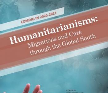 Brochure for the Humanitarianisms course, with a picture of hands on a blue background.