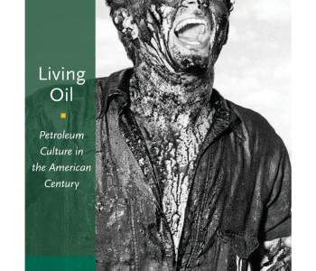 Living oil book cover with black and white image of a person's face and upper body doused in oil