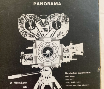Black and white page graphic of motion picture camera with name of film festival