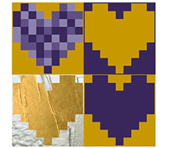 Pixel art of four yellow and purple hearts.