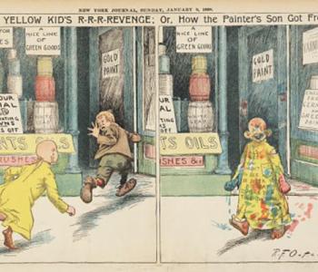 A close-up of the comic the Yellow Kid Gives a Show at Ryan's Arcade, published in the New York Journal in 1898, in which two children run into a paint shop and one emerges covered in paint.
