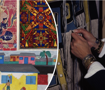 A combination of three colorful images. On the top left are two tapestries with vivid colors, on the bottom is a colorful watercolor of someone painting a house, and on the right is a close-up shot of a hand weaving a yellow, black, white, and blue textile. 