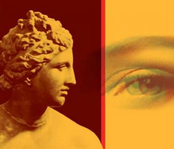 Yellow, pink, and red photos of Roman bust and an eye with chromatic aberration