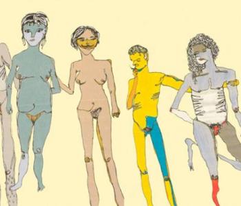 A drawing of five naked people using various colors.