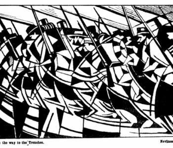 Black and white abstract illustration of soldiers with guns lined up