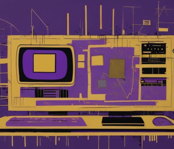 ArtBot image generated from the prompt "an abstract representation, in the style of Jean Michel Basquiat, representing computers and writing, with use of purple and gold colors, which depicts a screen containing an AI"