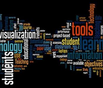 A screenshot of a colorful word cloud with words such as technology, students, tools, learning.