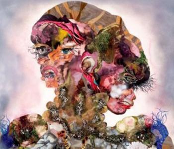 Multimedia artwork representing a distorted face titled "Madam Repeateat," by Wangechi Mutu