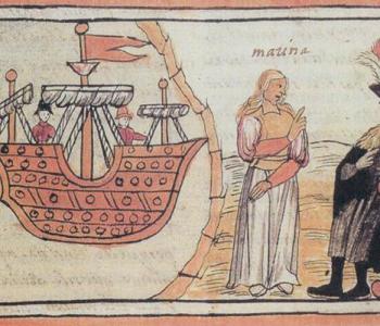 Engraving from the Durán Codex of Hernán Cortés, a large boat, and the Indian Marina.