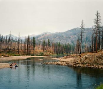 Pepole recreating in burnt smoky landscape