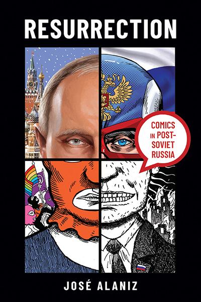 A cross section image consisting of ¼ Putin, ¼ Captain America, ¼ black and white cartoon image, and ¼ red cartoon image.